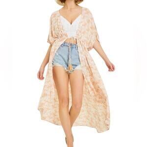 Heyson Tropical Pin Print Kimono with Waist Tie in Dusty Pink by Heyson Size 3XL